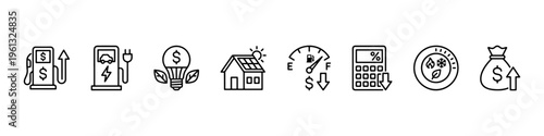 A comprehensive collection of minimalist line icons representing green energy solutions, fuel economy, electric transportation, and financial savings.