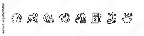 A comprehensive collection of minimalist line icons representing green energy solutions, fuel economy, electric transportation, and financial savings.