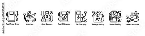 A comprehensive collection of minimalist line icons representing green energy solutions, fuel economy, electric transportation, and financial savings.
