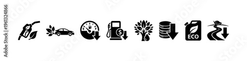 A set of solid black silhouette icons illustrating eco-friendly energy, fuel cost reduction, renewable power, and sustainable green transportation.