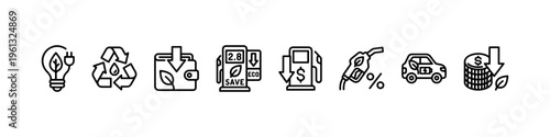 A comprehensive collection of minimalist line icons representing green energy solutions, fuel economy, electric transportation, and financial savings.