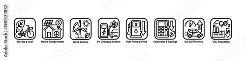 A comprehensive collection of minimalist line icons representing green energy solutions, fuel economy, electric transportation, and financial savings.