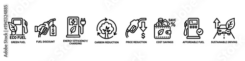 A comprehensive collection of minimalist line icons representing green energy solutions, fuel economy, electric transportation, and financial savings.