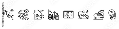 A comprehensive collection of minimalist line icons representing green energy solutions, fuel economy, electric transportation, and financial savings.