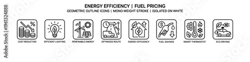 A comprehensive collection of minimalist line icons representing green energy solutions, fuel economy, electric transportation, and financial savings.