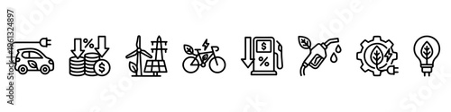 A comprehensive collection of minimalist line icons representing green energy solutions, fuel economy, electric transportation, and financial savings.