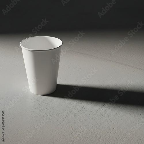 Minimalist black and white photo of an empty paper cup casting shadow on smooth surface
