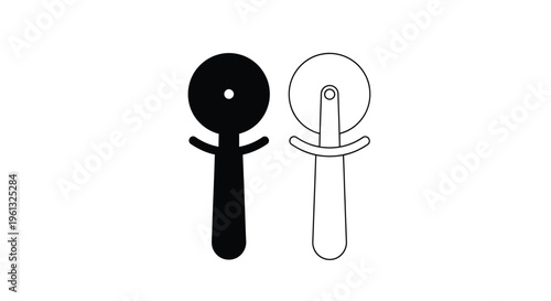 Two kitchen tools a whisk and a pizza cutter in contrasting styles silhouette