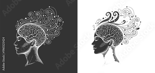 Mental Health and Creativity Concept Illustration, Human Brain with Abstract Floral Swirls Vector, Psychology and Mind Wellness Design