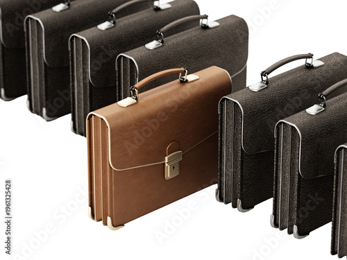 Brown leather briefcase standing out among black briefcases on transparent background. Business and success concept. 3D illustration