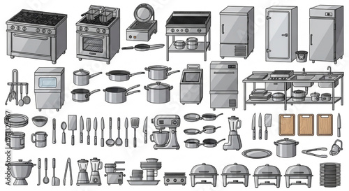 Commercial Kitchen Equipment, Restaurant Appliances, Stainless Steel, Catering Tools, Cooking Equipment Vector Set for Industrial Food Service and Modern Culinary Workspace Illustration