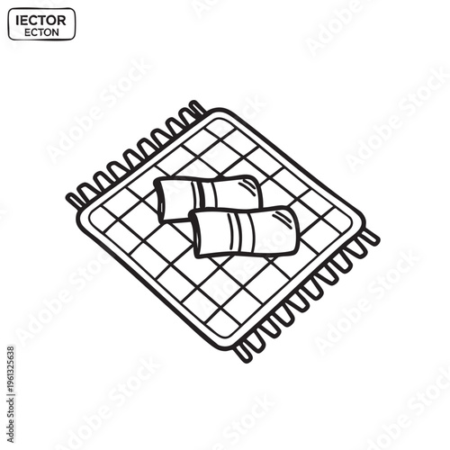 An illustration of a rolled picnic blanket with two wrapped items on top outdoors.