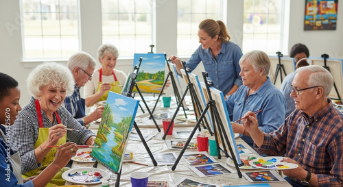 Senior adults painting in art class with instructor