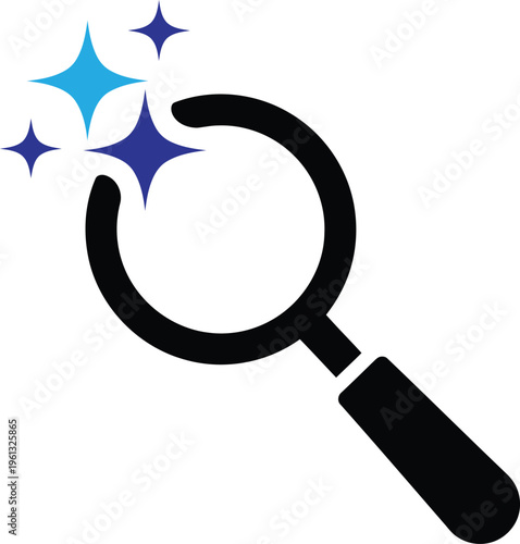 Black magnifying glass with blue and purple stars on white background