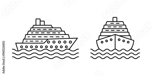 Cruise Ship Icon Set Black Outline. Representing Sea Travel Tourism Vacation and Maritime Transport