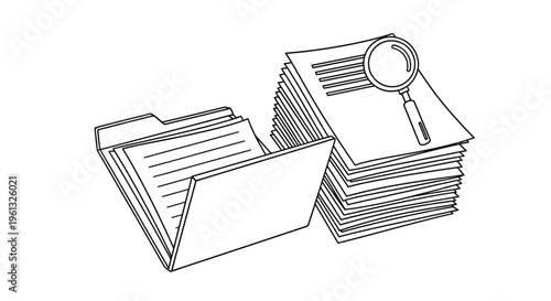 Line drawing of documents and magnifying glass.