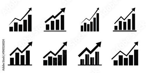 Collection of eight black bar graph icons with upward trending arrows