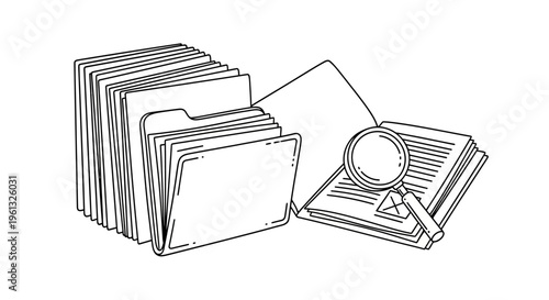 Line drawing of file folders and magnifying glass.