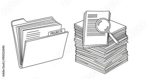Line art of documents and folders.