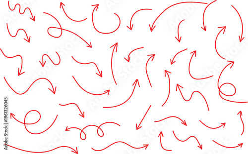 Hand-drawn Arrow Icon Set. Simple Lines Hand-drawn Red Arrow In Vector Style. Simple Of Hand-drawn Red Arrow. Red Hand-drawn Arrow Signs or Symbol. Red Hand-drawn Arrow. Vector illustration