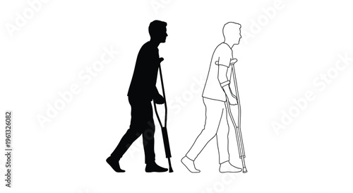 Two men with crutches depicted in a striking black silhouette