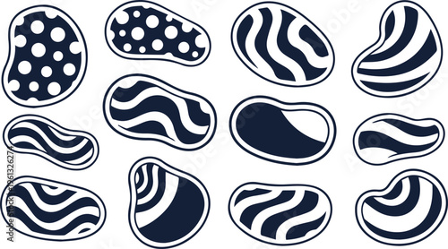 Abstract organic shapes with patterns, set of 12 decorative pebble elements, hand drawn navy blue and white blob icons for modern graphic design