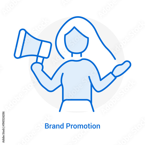 Brand Promotion Megaphone Line Icon with Marketing Spokesperson