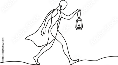 One line art of a traveler walking forward with a hanging lantern