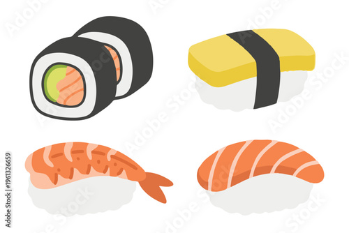 Delicious Japanese Sushi and Sashimi Set Flat Vector Illustration