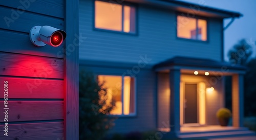 A security camera glows red, mounted on a wooden wall next to a house at dusk