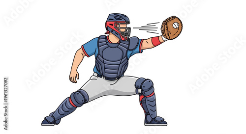 A baseball catcher in full gear, crouched and ready to catch a ball with his mitt.