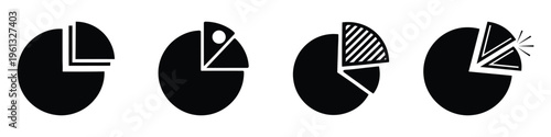 Four black pie charts with varying sections and patterns