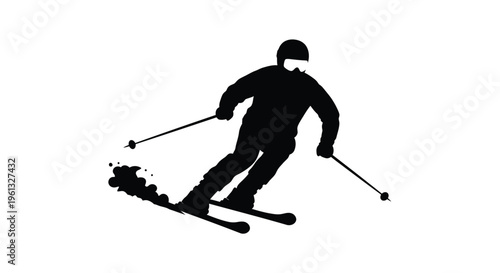 A skier in motion dynamically carving down a snowy slope silhouette
