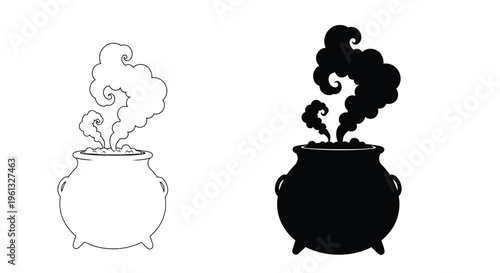 Two depictions of a bubbling cauldron one lined and one silhouette