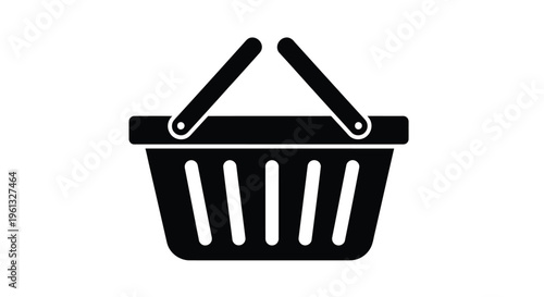 Simple black silhouette of a woven shopping basket with handle