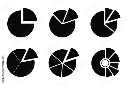 Six black pie charts with varying section sizes on a white background