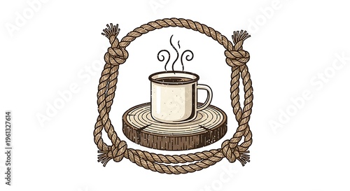 Rustic Camping Coffee Illustration with Steaming Mug on Wood Slice and Rope Border