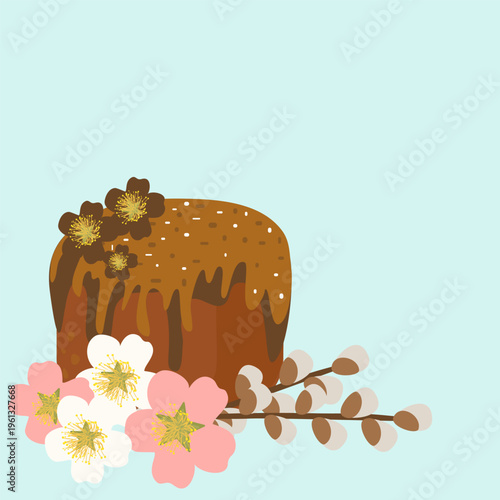 Easter cake with willow branches and spring flowers vector illustration. Traditional orthodox pascha bread isolated on blue background. Religious holiday design element for greeting card