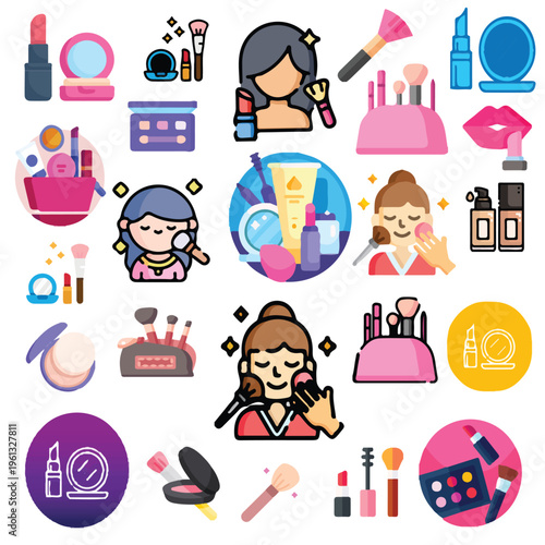Colorful Makeup and Cosmetic Flat Vector Icon Set for Beauty Design