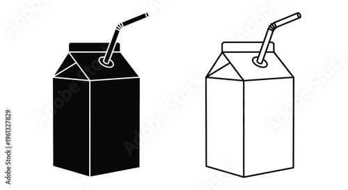 Two milk cartons with straws one filled depicted in stark silhouette