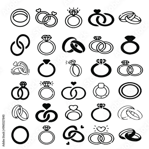 Wedding and Engagement Ring Line Art Icon Set for Jewelry Design