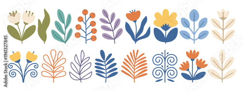 Flat stylized floral and leaf in muted colors leaves