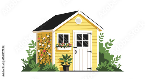 Charming yellow garden shed with floral details a delightful silhouette