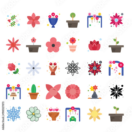 Colorful Floral and Plant Flat Icon Set for Nature and Event Design