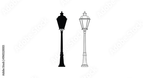 Two ornate street lamps one depicted as a striking black silhouette