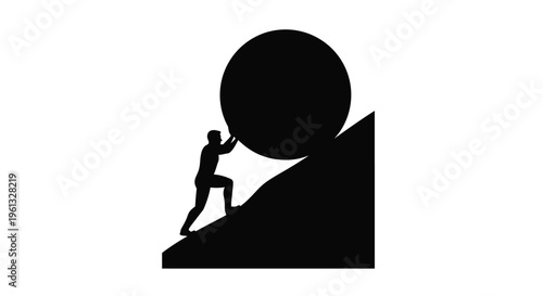 Man pushing a large sphere uphill symbolic representation silhouette