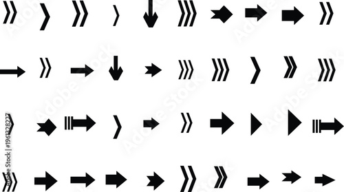 A comprehensive arrangement of black arrow and chevron icons showing different directions on a white ground