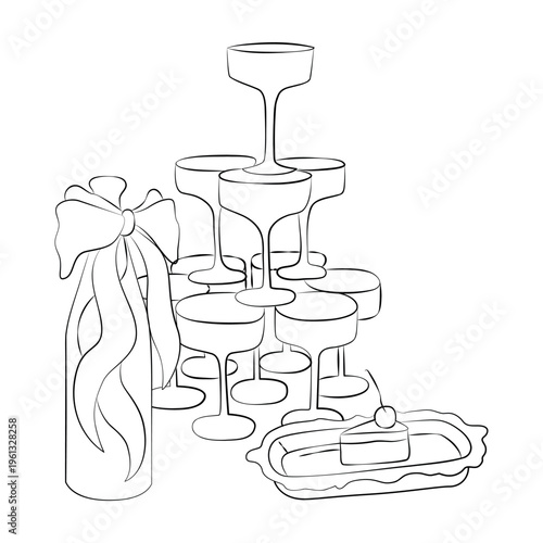 Hand-drawn wedding party decor elements, food and drinks, a piece of wedding cake, champagne bottle with a bow and champagne tower