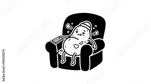 Minimalist Armchair with Lazy Cartoon Potato Line Art, Monochrome Vector Illustration of Couch Potato Humor