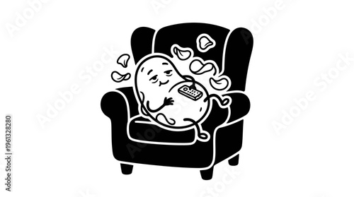 Minimalist Armchair with Lazy Cartoon Potato Line Art, Monochrome Vector Illustration of Couch Potato Humor
